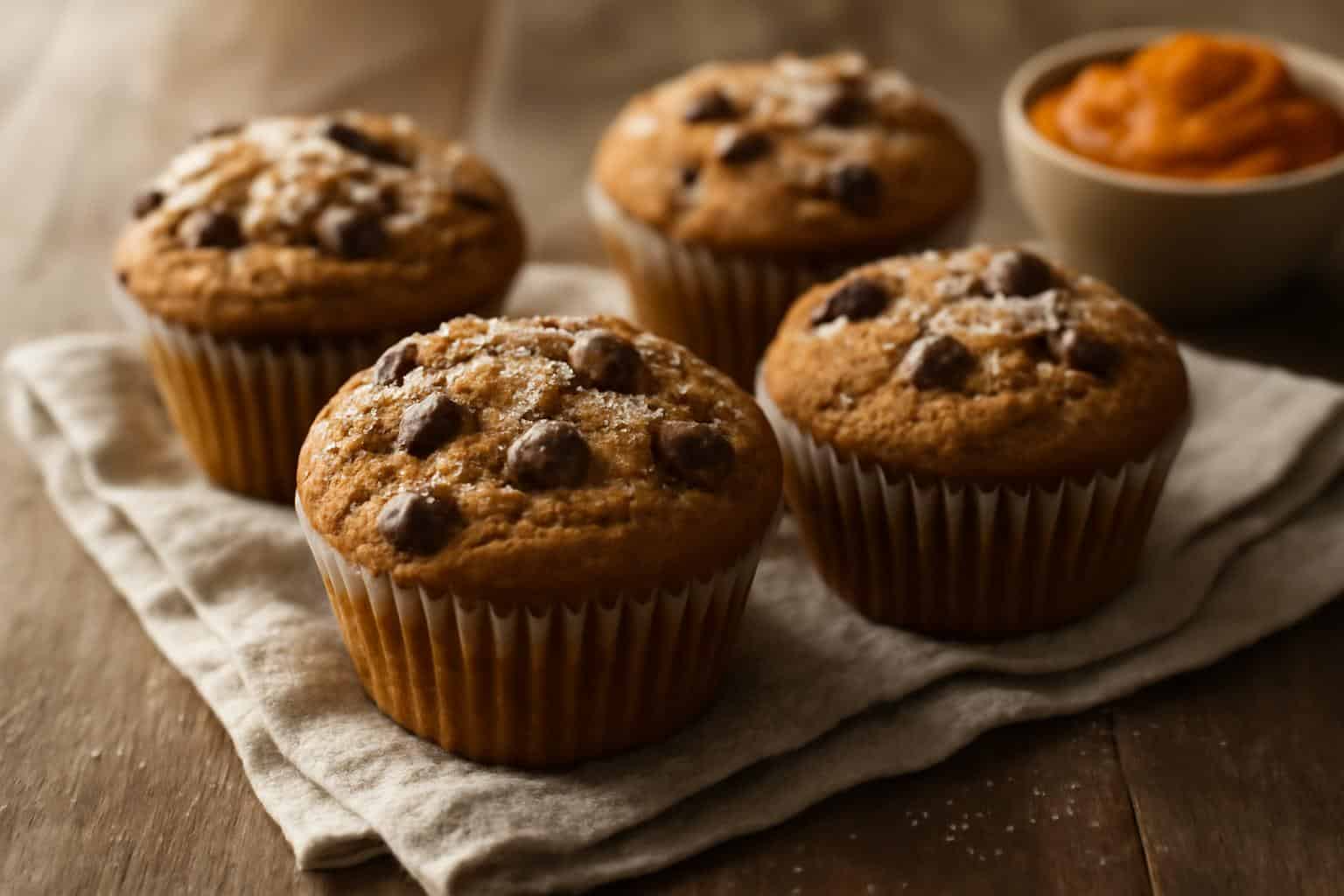 Close-up of chocolate chip pumpkin muffins with melty chips and powdered sugar, a cozy breakfast treat