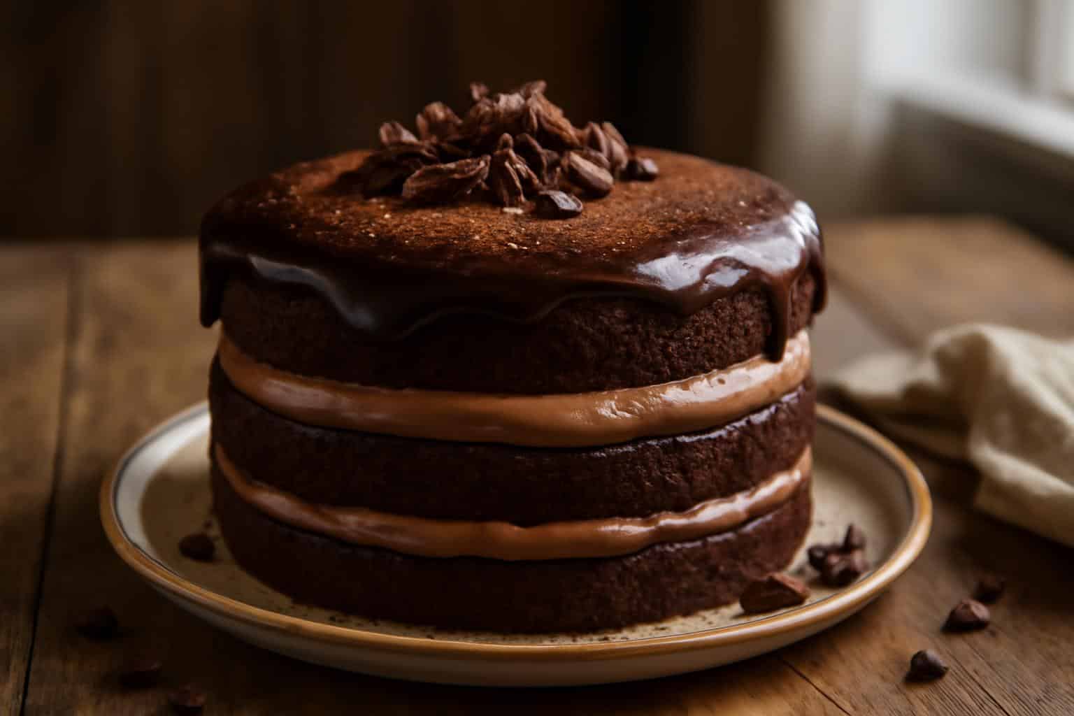 Chocolate coffee layer cake with creamy cocoa pudding and chocolate ganache topping