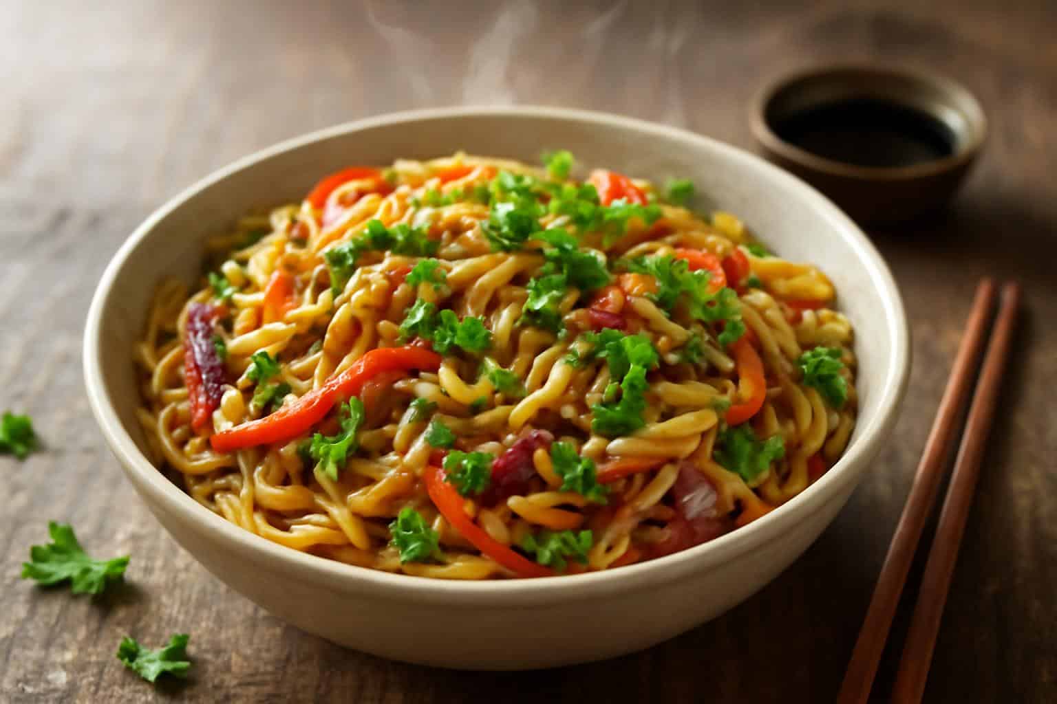 Easy chow mein noodles with fresh vegetables and sesame seed garnish in a rustic bowl