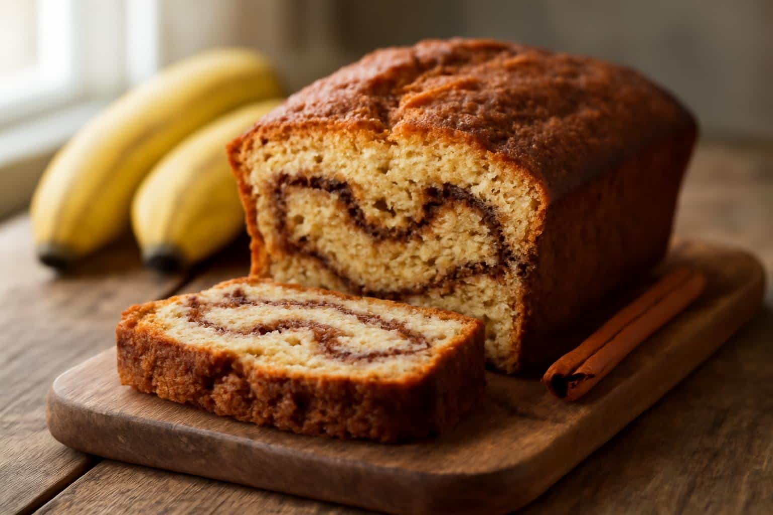 sliced cinnamon roll banana bread showing cinnamon swirls and moist texture