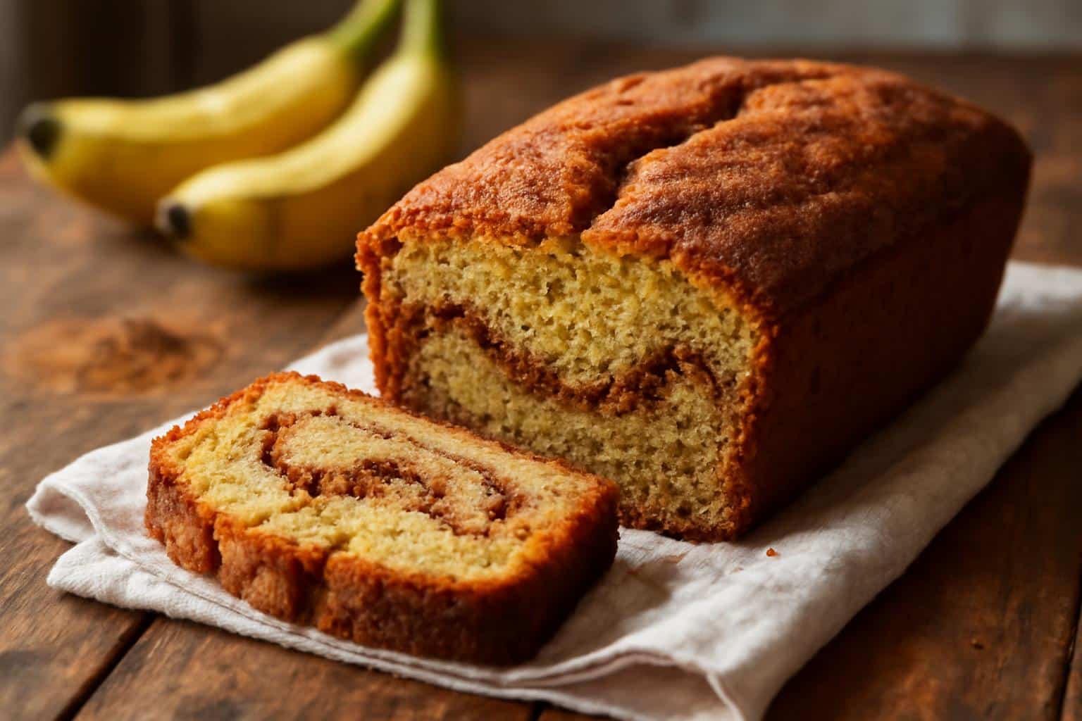 Moist cinnamon roll banana bread sliced showing cinnamon swirl filling