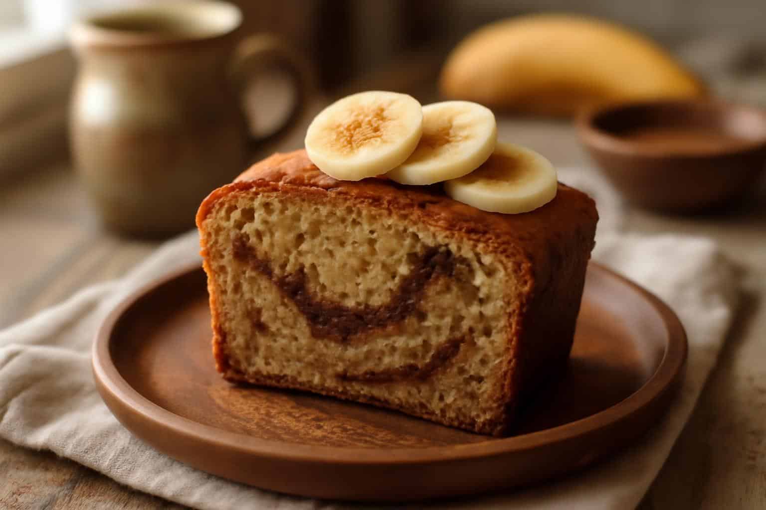 Moist cinnamon roll banana bread slice with cinnamon swirl and banana slices on rustic plate