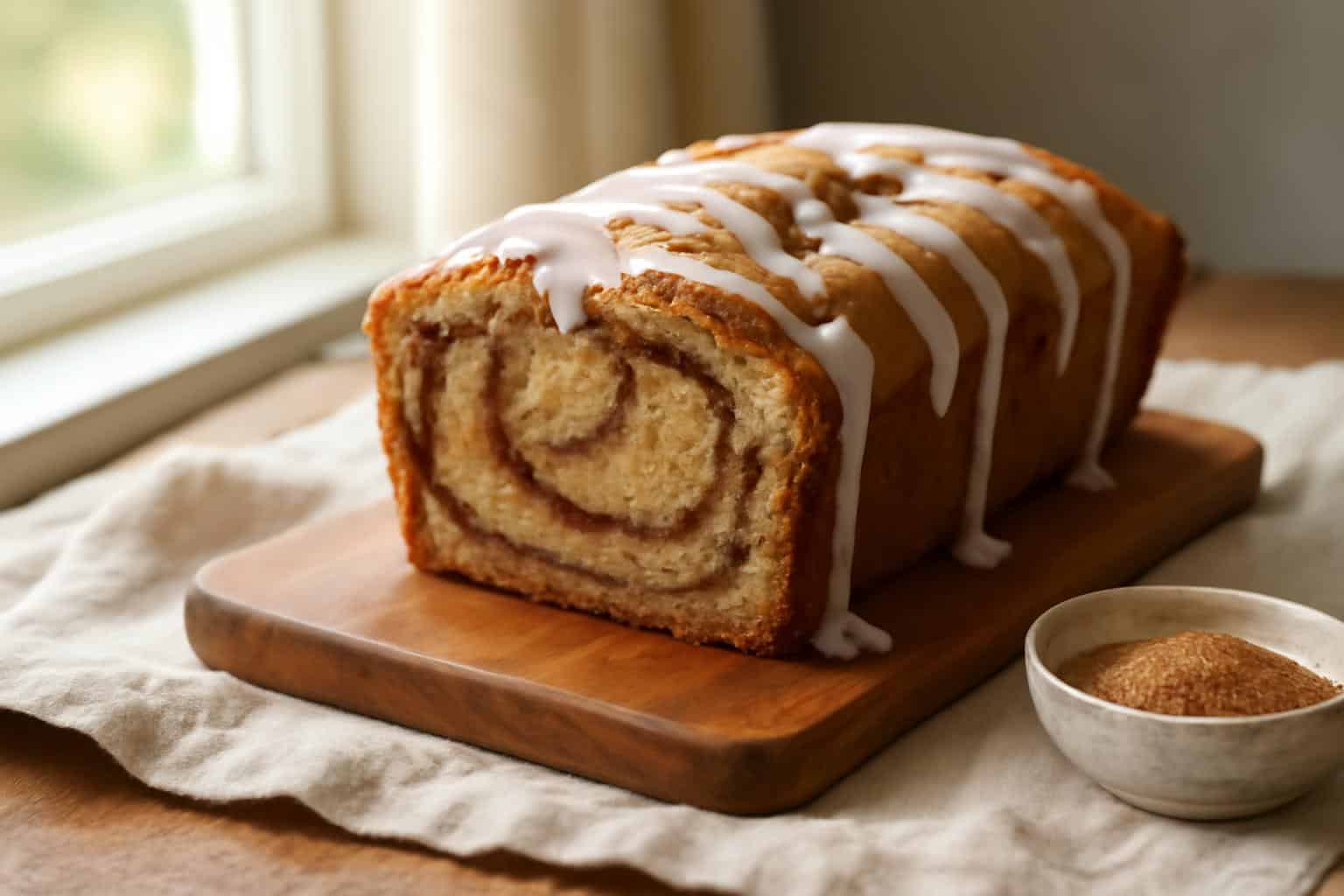 Freshly baked cinnamon roll banana bread with cinnamon swirls and glaze on wooden board