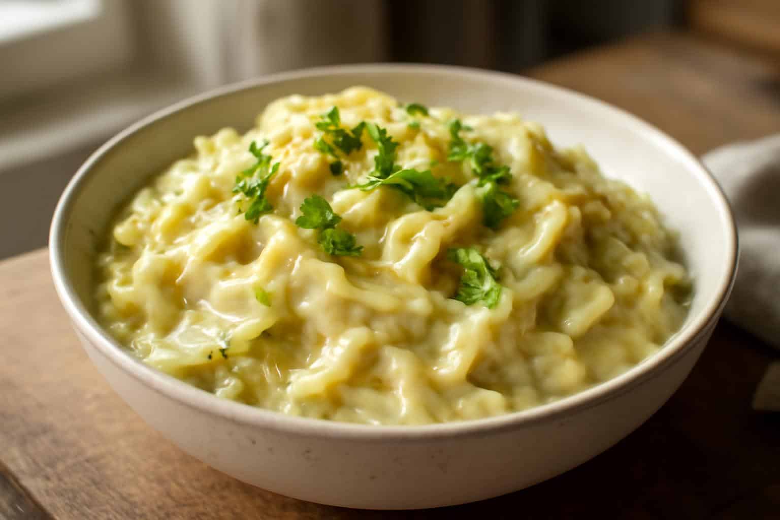 Creamy melting cabbage side dish garnished with parsley, showcasing melting cabbage