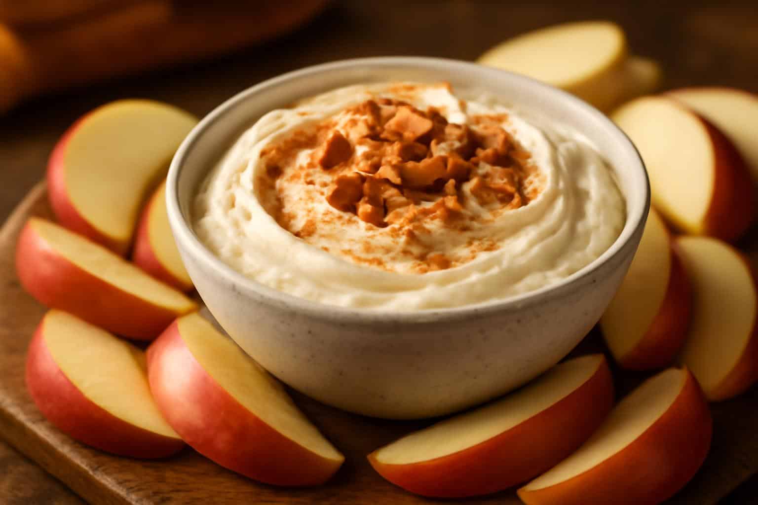 Cream cheese apple dip in rustic bowl with apple slices and pecans, cream cheese apple dip