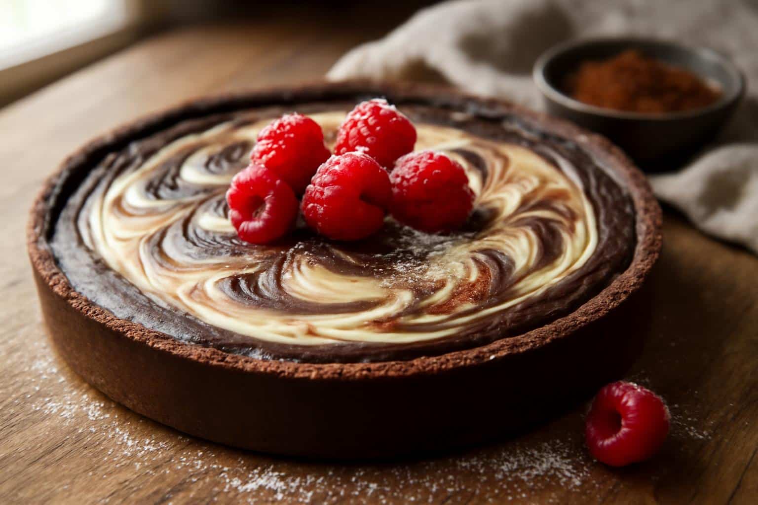 Cream cheese brownie tart with fudgy chocolate base and creamy topping garnished with raspberries