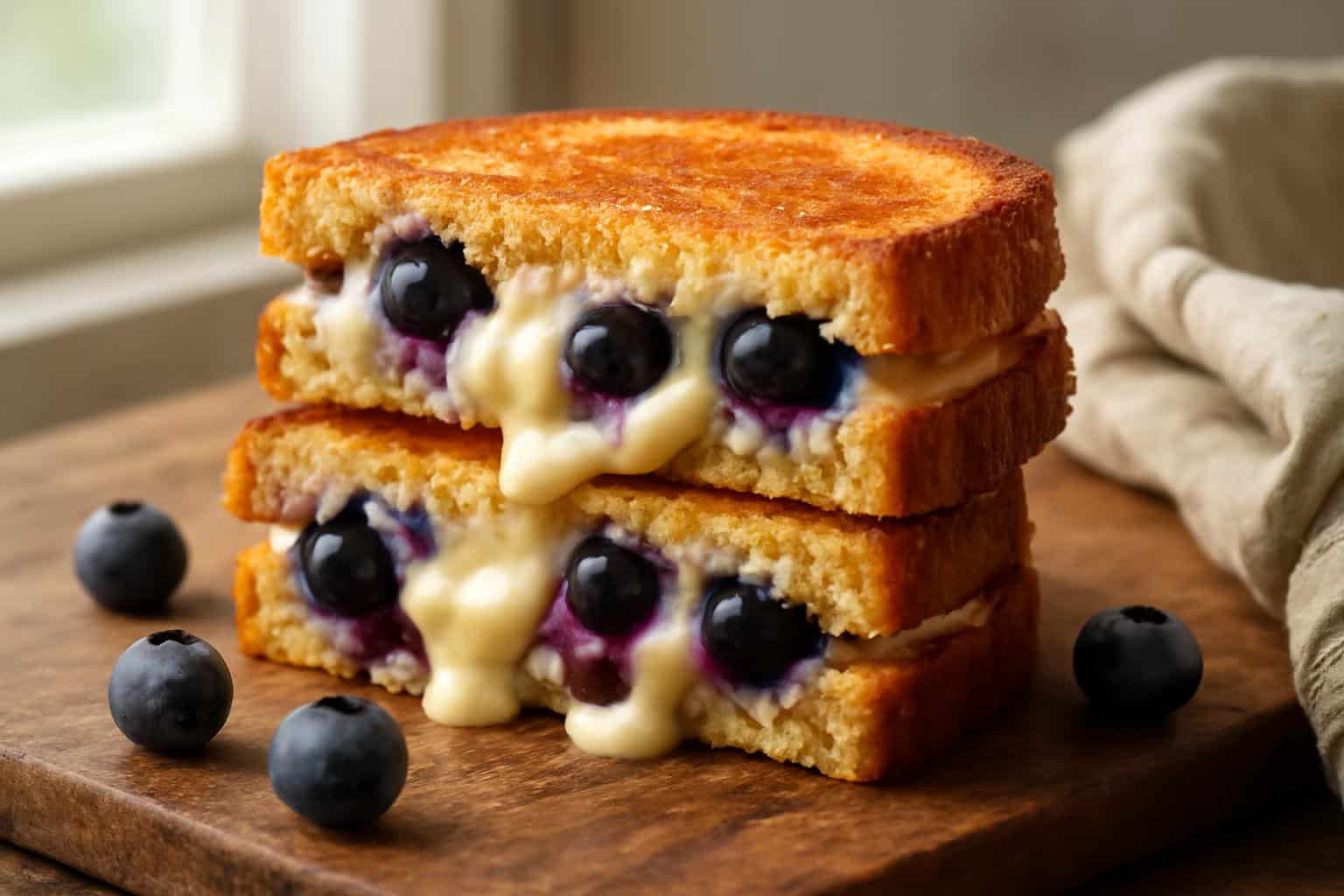 Creamy blueberry grilled cheese sandwich with melted cheese and fresh blueberries inside