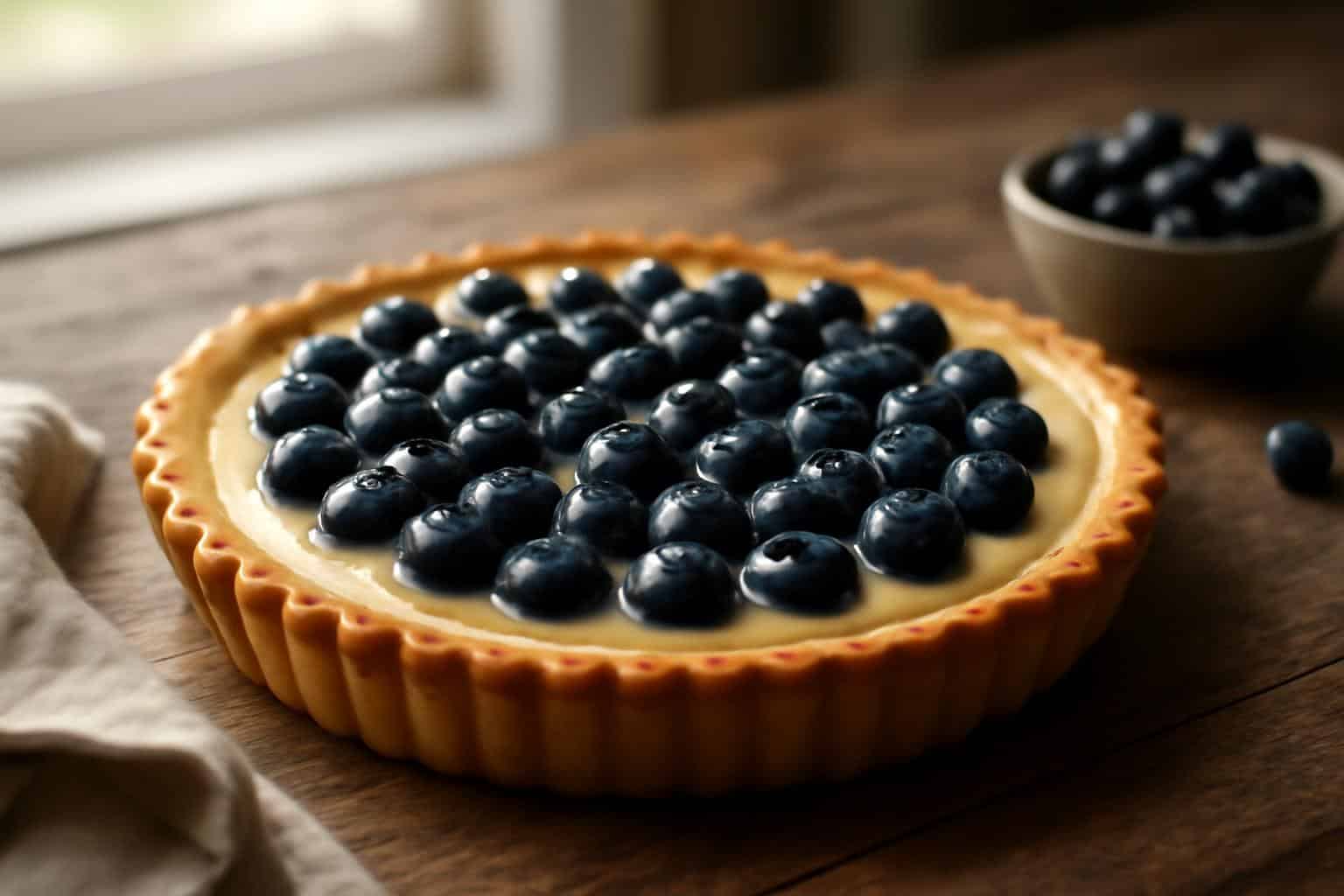 Creamy blueberry tart with golden crust and fresh blueberries, showing a blueberry tart fresh from the oven