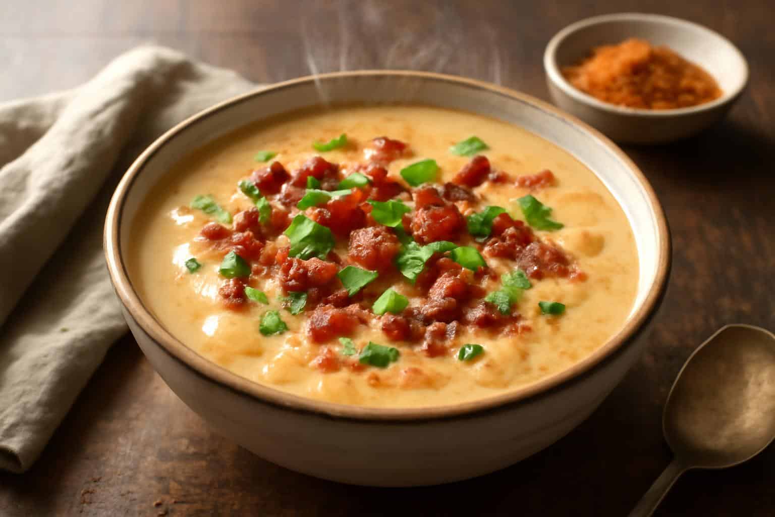 Creamy cajun potato soup in a bowl garnished with green onions and bacon, showcasing cajun potato soup