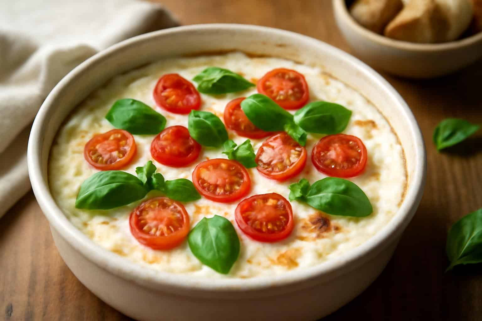 Creamy caprese dip garnished with fresh basil and tomatoes in white dish