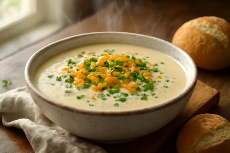 Creamy cheddar garlic herb potato soup garnished with parsley and shredded cheddar cheese