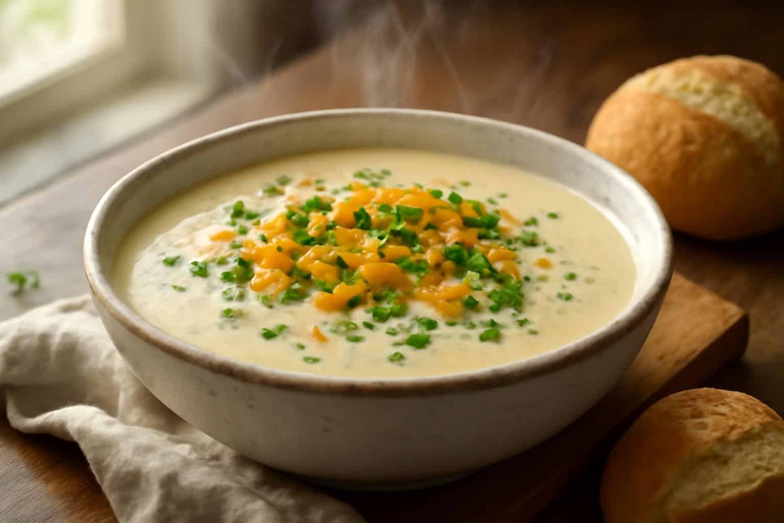 Creamy cheddar garlic herb potato soup garnished with parsley and shredded cheddar cheese