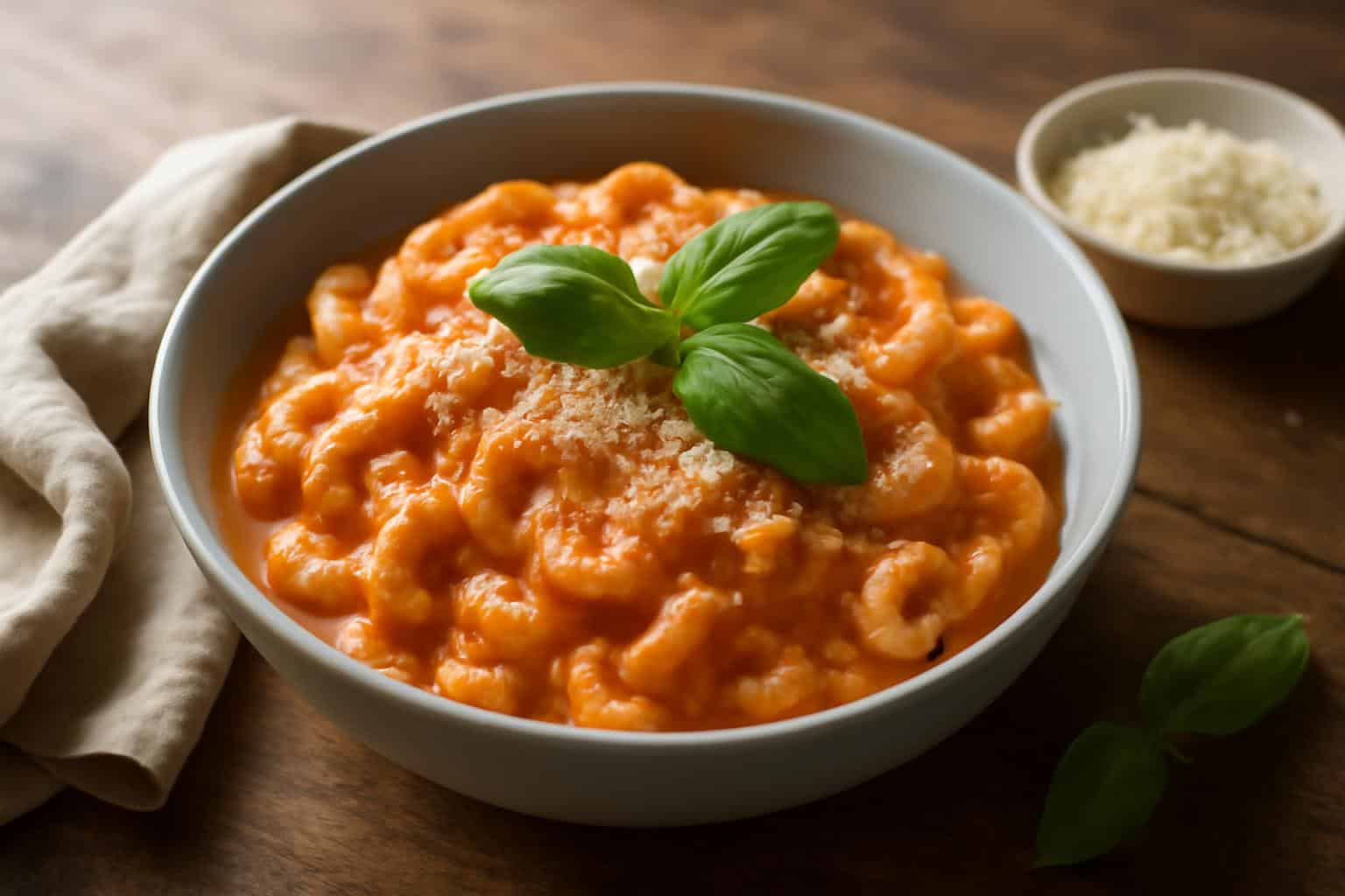 Bowl of creamy cheesy tomato pasta garnished with fresh basil and parmesan cheese