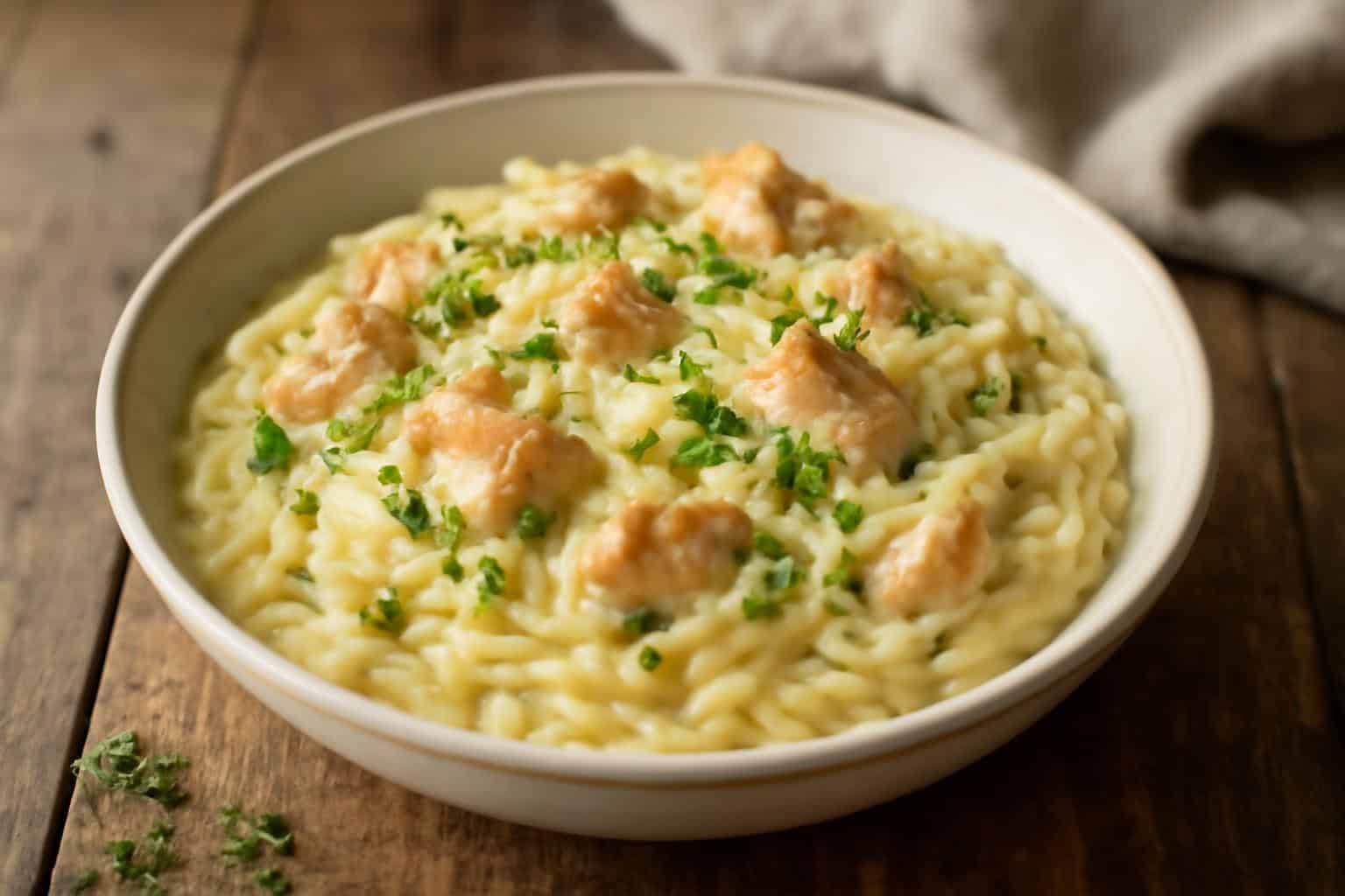Creamy chicken alfredo orzo served in a bowl garnished with parsley and Parmesan cheese