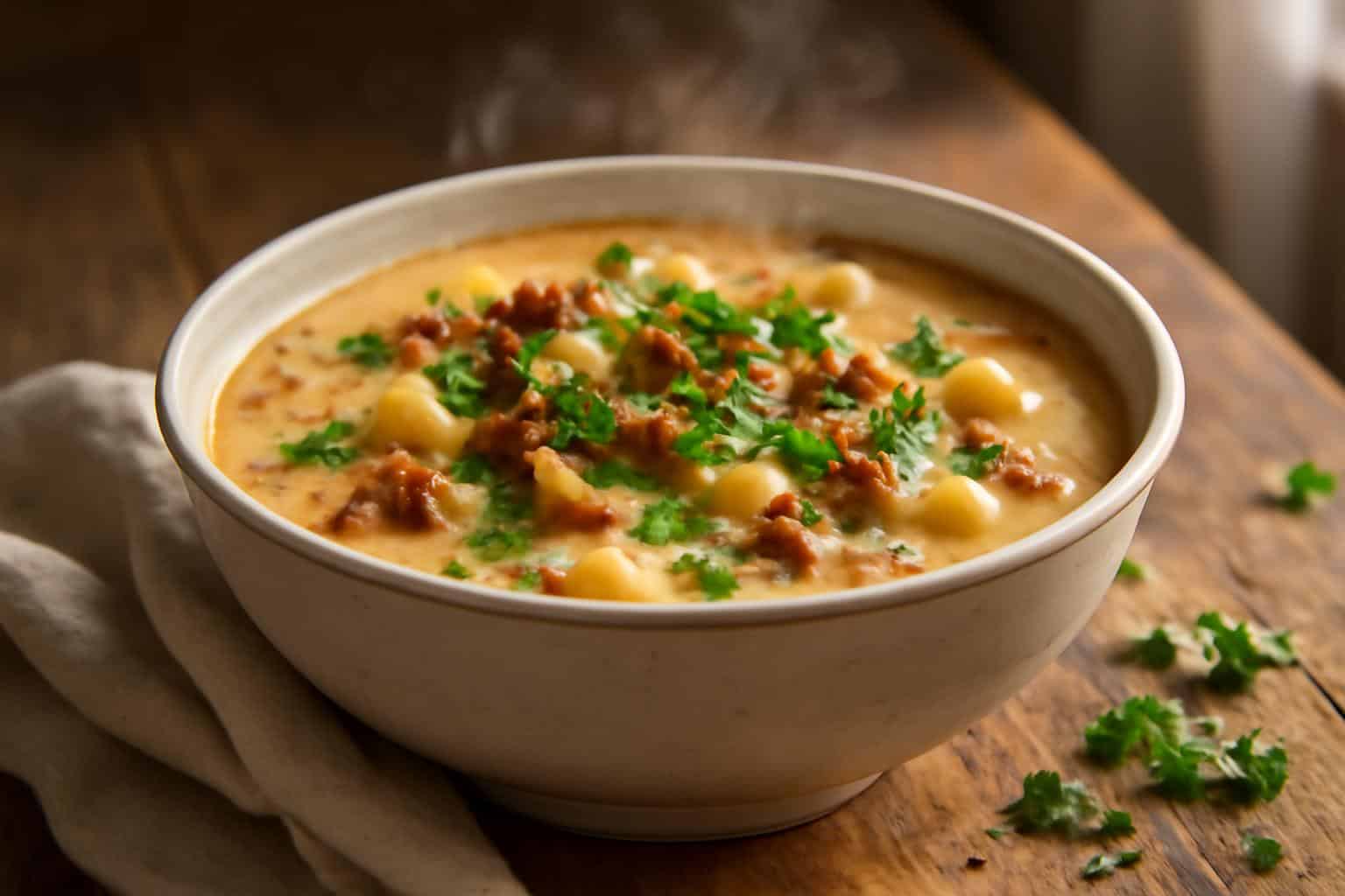 Creamy chorizo potato soup in bowl garnished with cilantro and green onions fresh and hearty