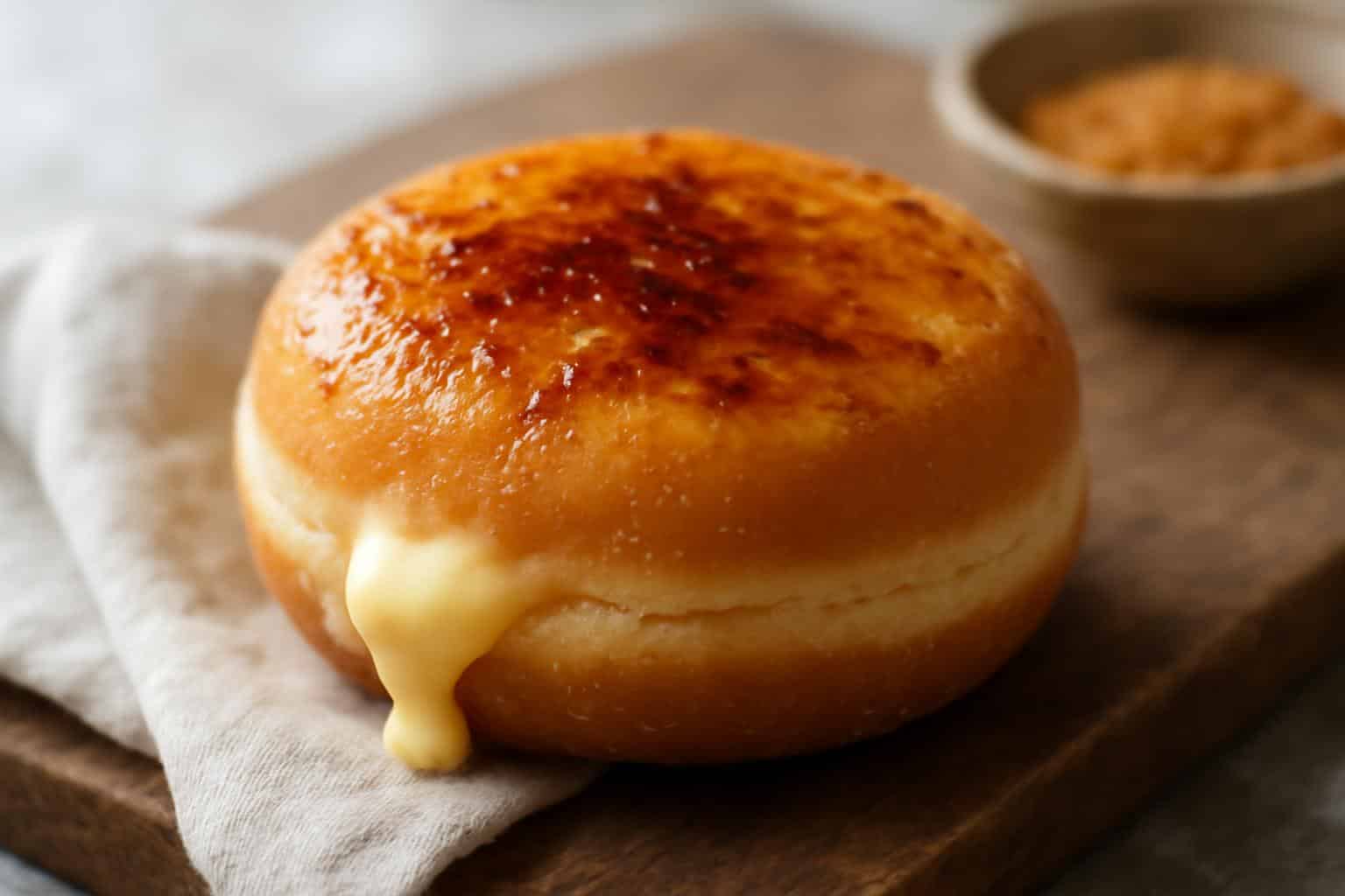 Golden creamy creme brulee donuts with caramelized sugar crust and custard filling