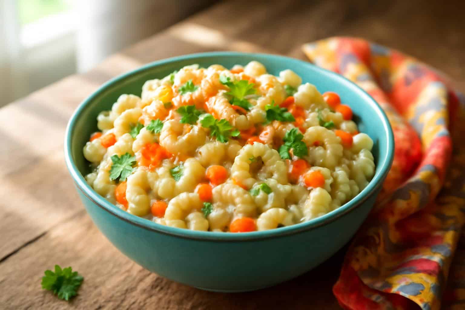 Creamy Guy Fieri macaroni salad served in a bowl with fresh parsley garnish
