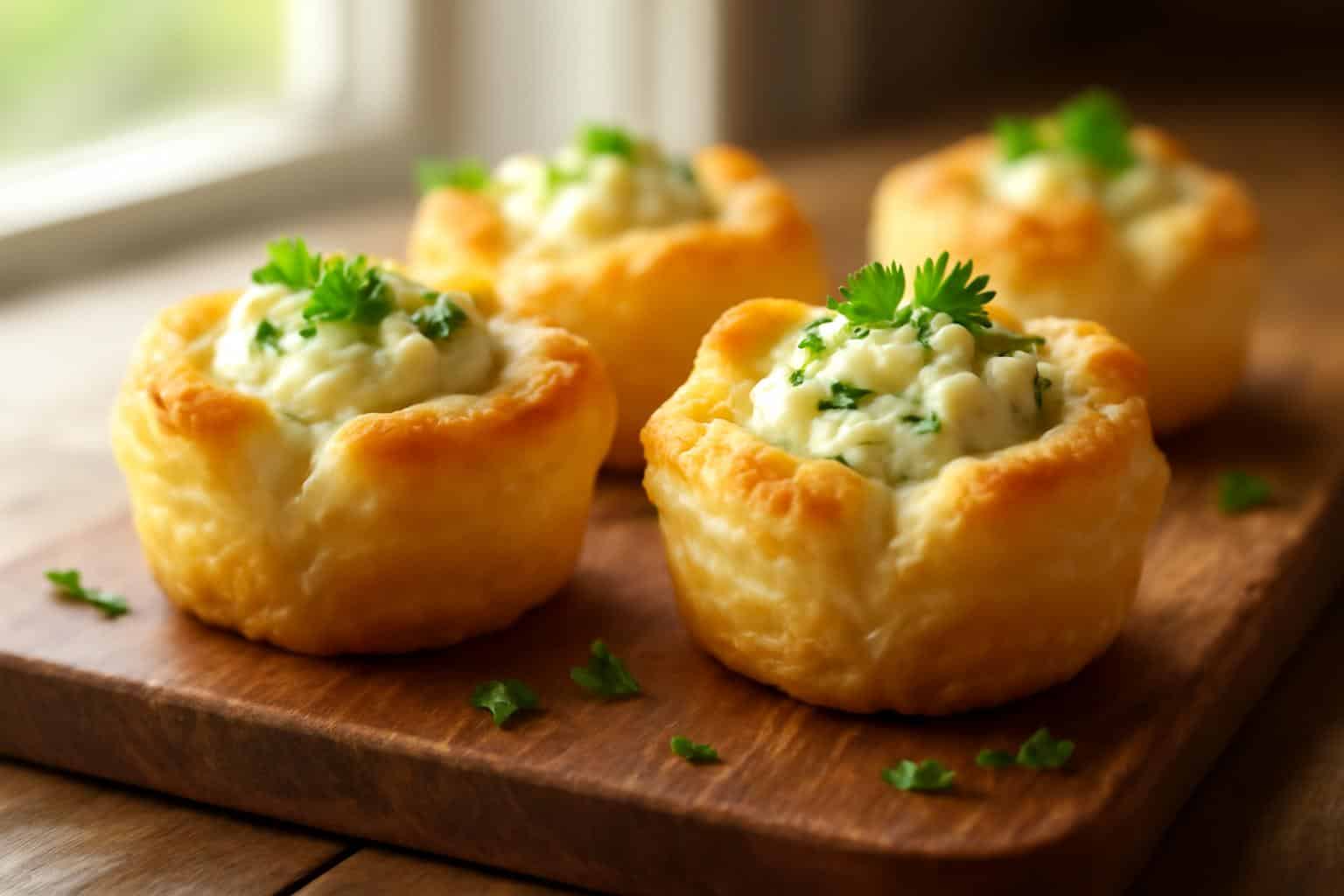 Golden creamy herb and cheese puff pastry bites on rustic wooden board with fresh parsley garnish