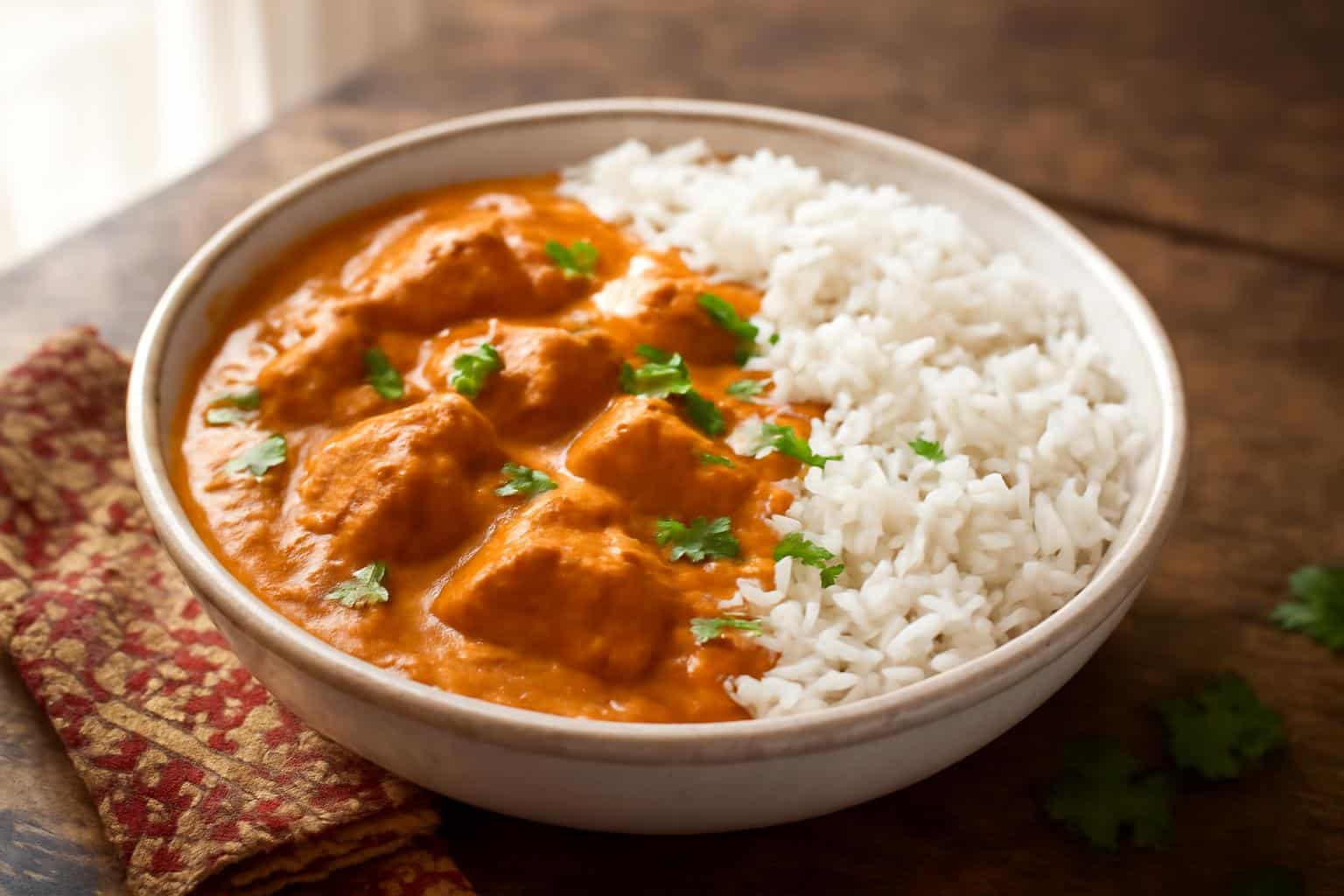 Creamy homemade butter chicken garnished with cilantro and served with basmati rice