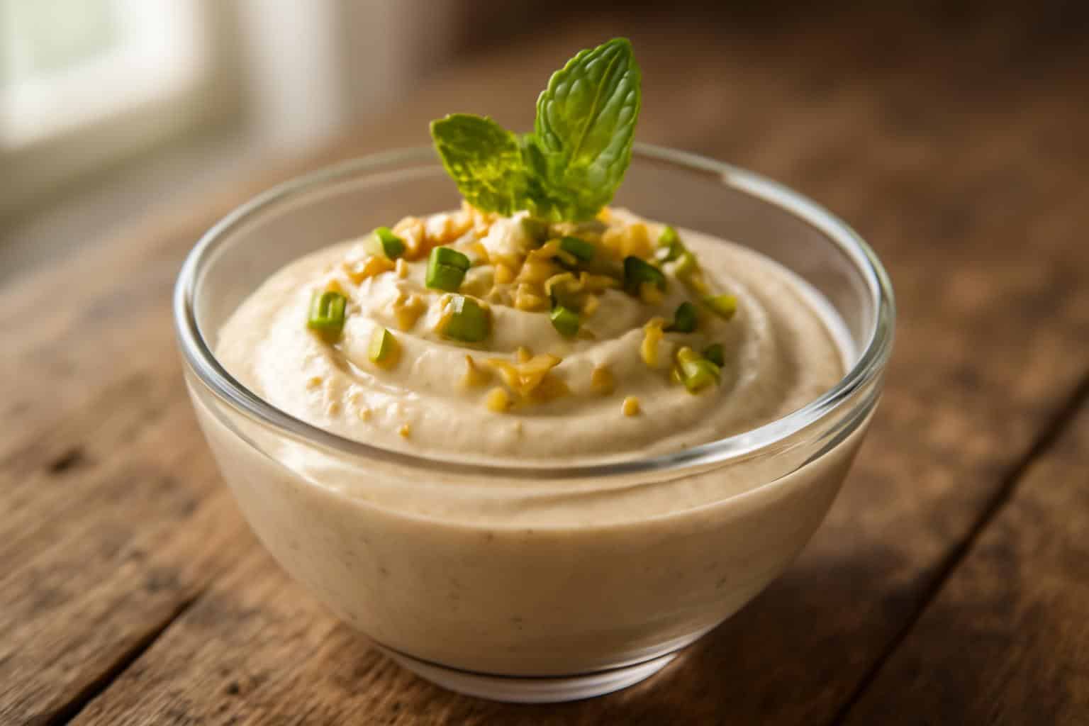 Creamy Lebanese mousse dessert with dates and orange blossom topped with pistachios
