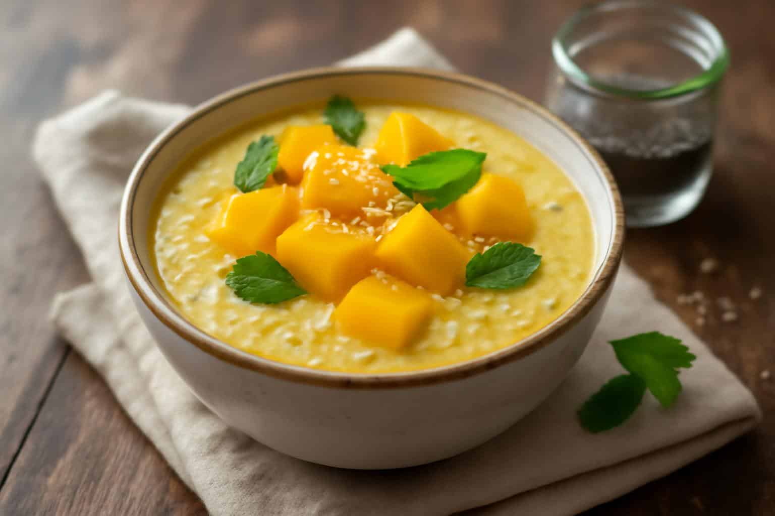Creamy mango chia pudding served in a bowl with fresh mango and mint garnish