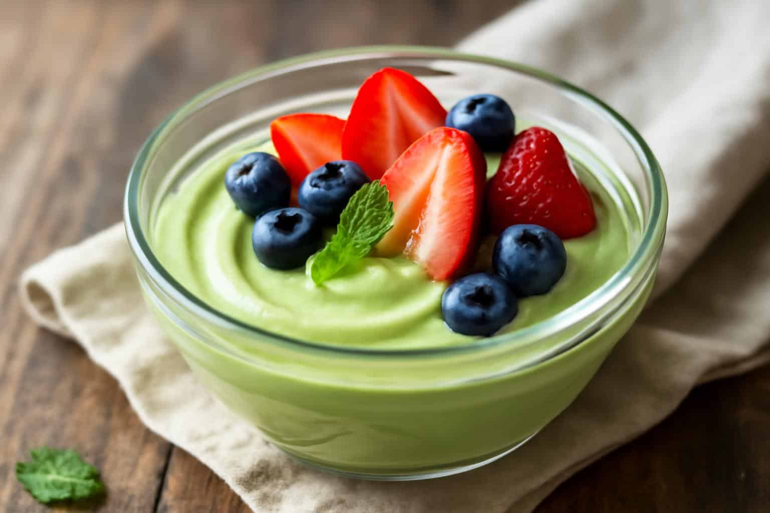 Creamy matcha yogurt delight topped with fresh strawberries and blueberries