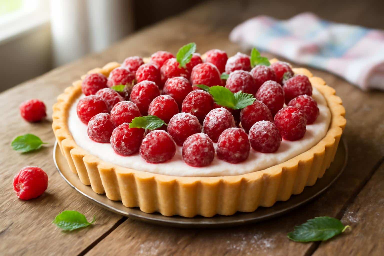 No bake raspberry tart with creamy filling topped with fresh raspberries and mint leaves