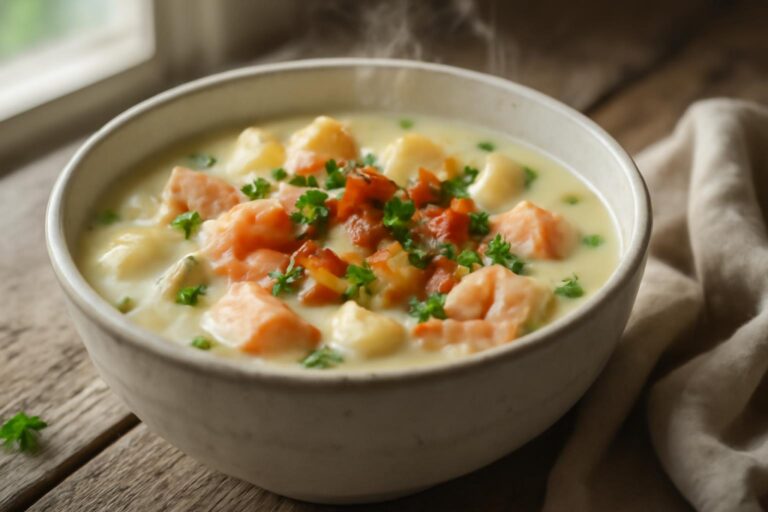 Creamy Nova Scotia seafood chowder in bowl garnished with parsley and bacon, showcasing seafood chowder