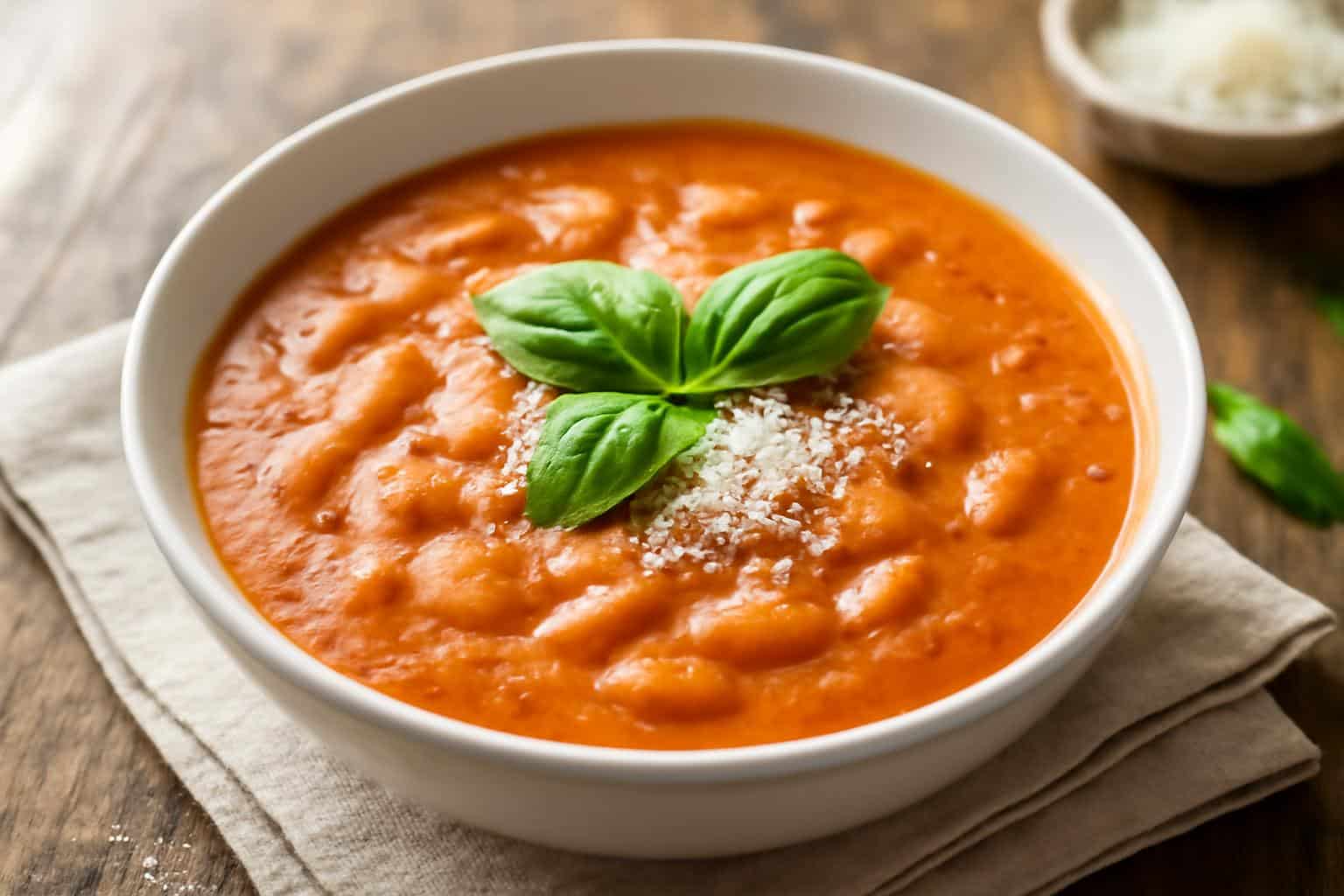 Creamy parmesan tomato soup with cannellini beans garnished with basil and parmesan