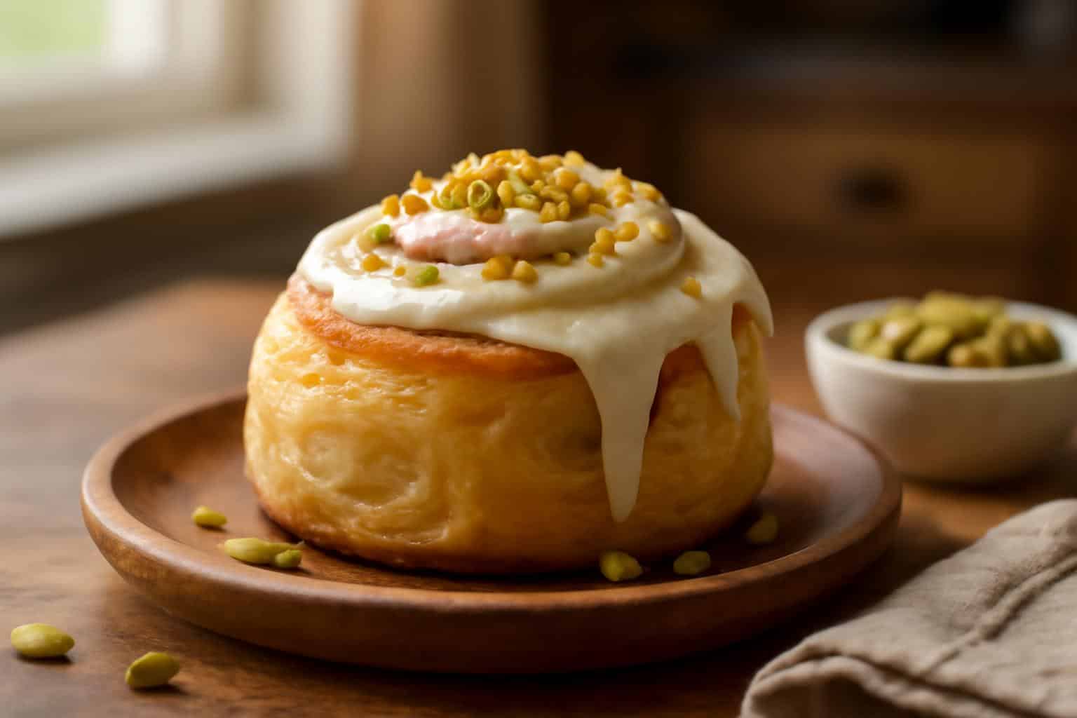 Freshly baked creamy pistachio cinnamon rolls with frosting and chopped pistachios on rustic plate