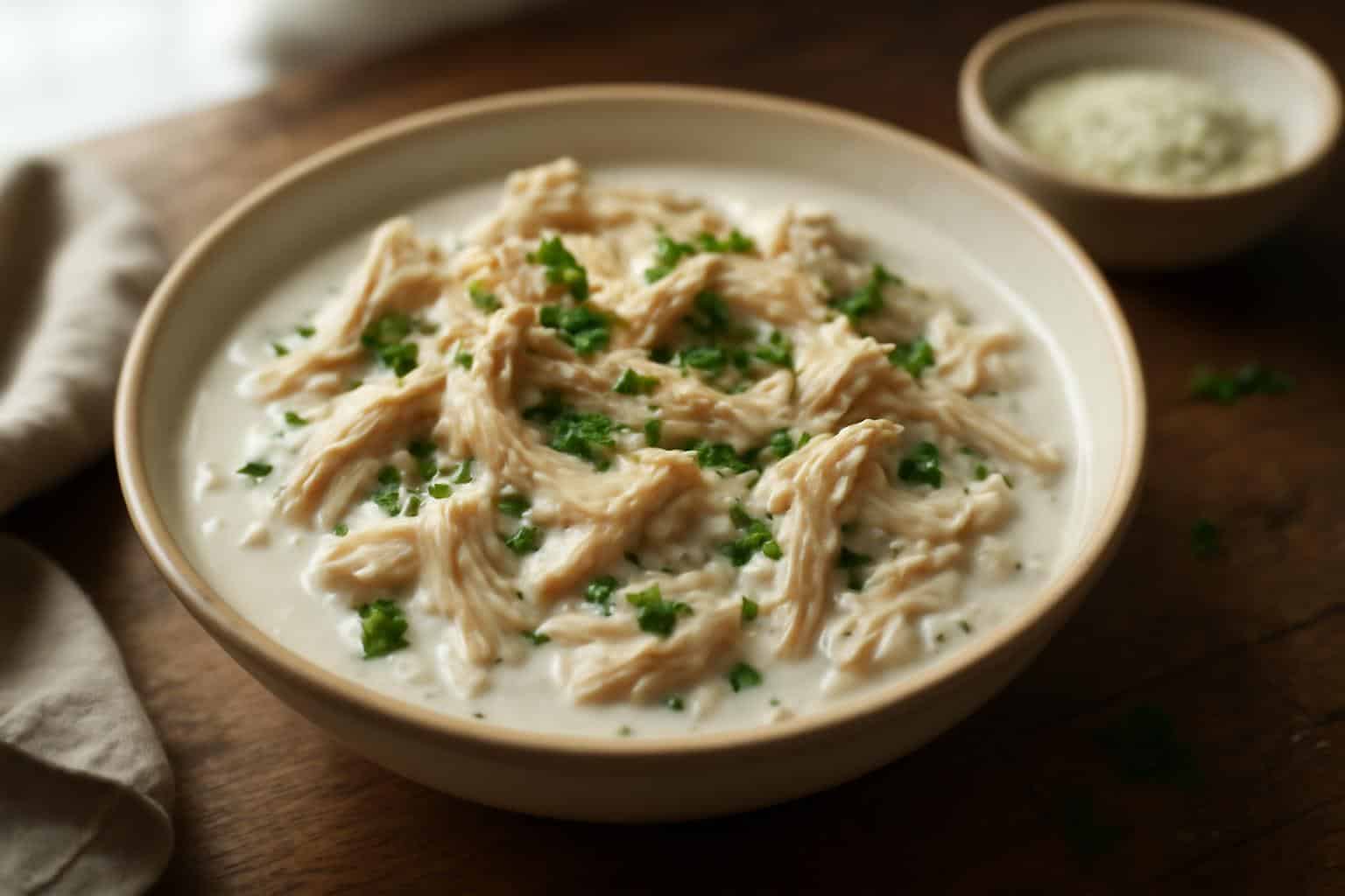 Creamy ranch chicken slow-cooked and garnished with parsley and black pepper