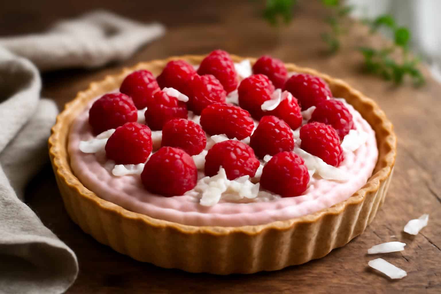 Creamy raspberry coconut tart with fresh raspberries and coconut flakes garnish