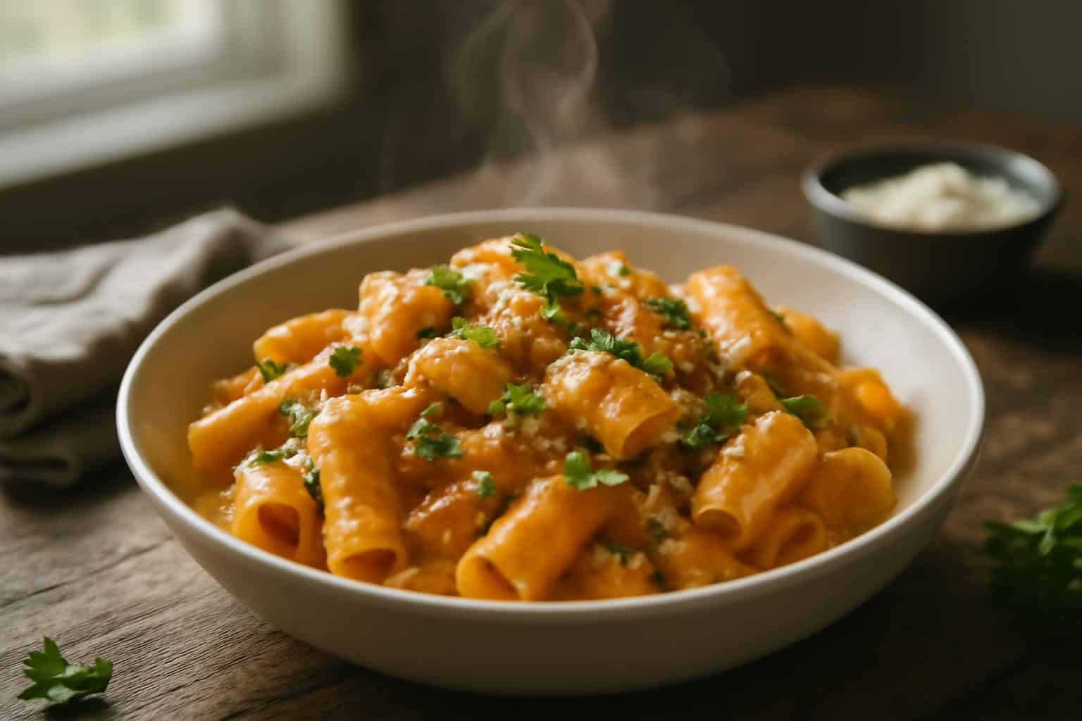 Creamy sausage rigatoni in a bowl garnished with parsley and Parmesan cheese