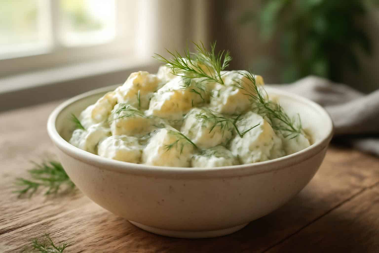 Creamy Scandinavian dill potato salad garnished with fresh dill on rustic wooden table