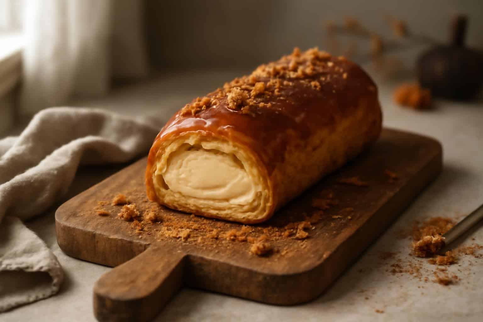 Creamy speculoos choux log dessert with caramelized top and cookie garnish