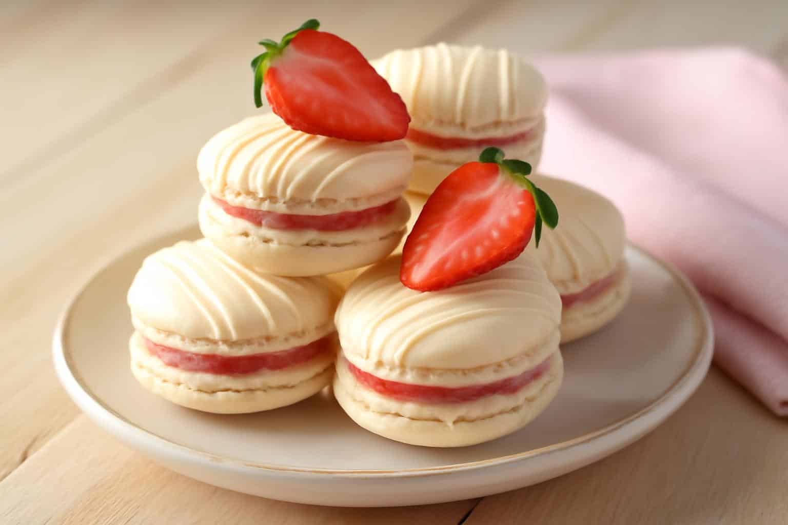 Creamy strawberry cheesecake macarons with white chocolate drizzle on a rustic white plate