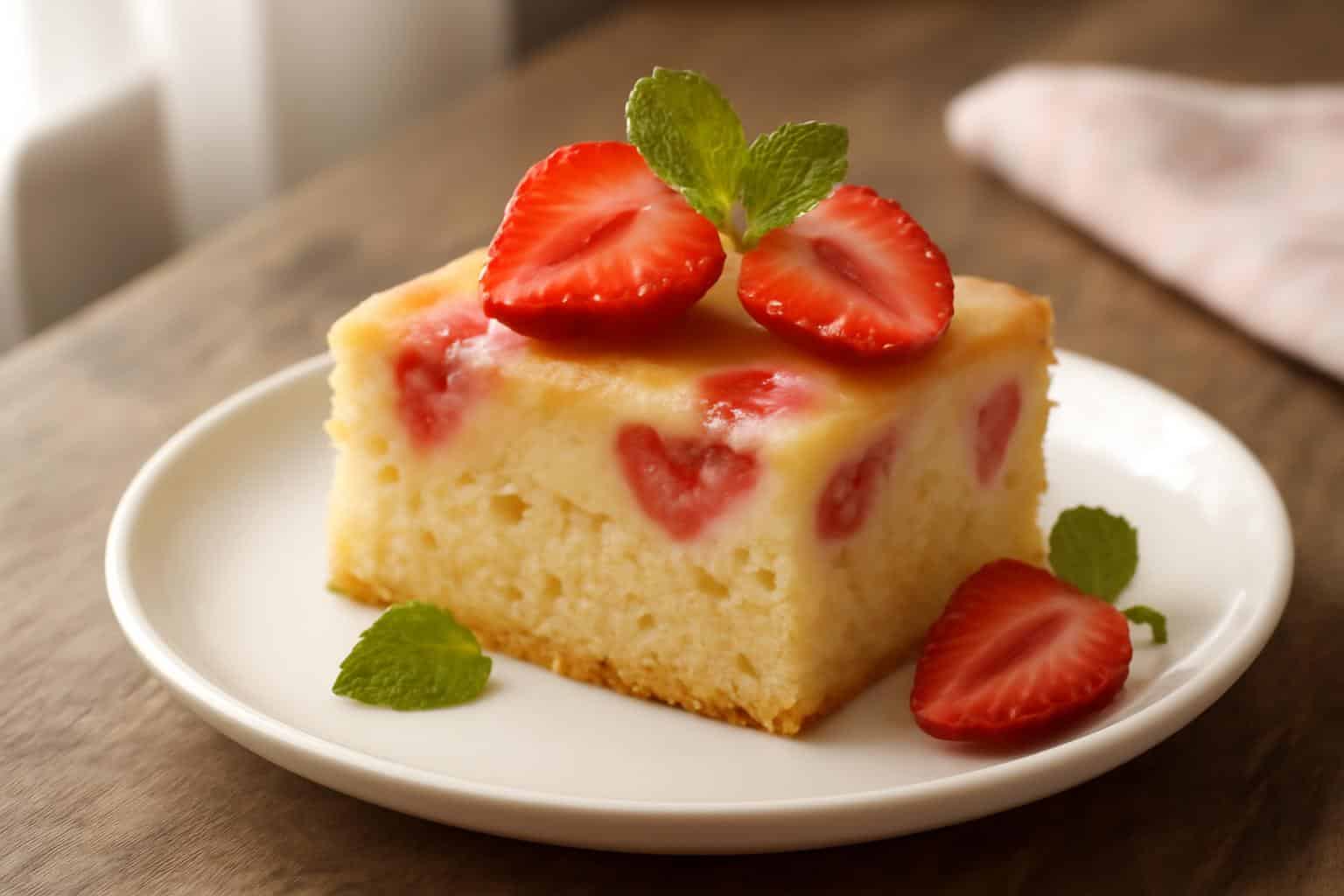 Slice of creamy strawberry custard cake garnished with fresh strawberries and mint leaves