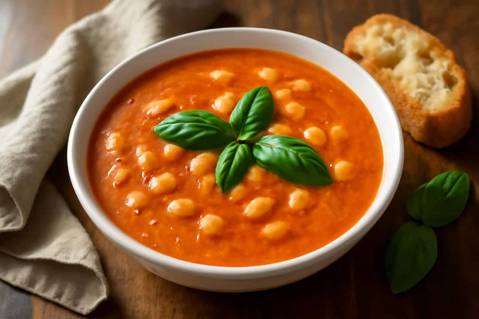 Bowl of creamy tomato soup with cannellini beans and fresh basil garnish