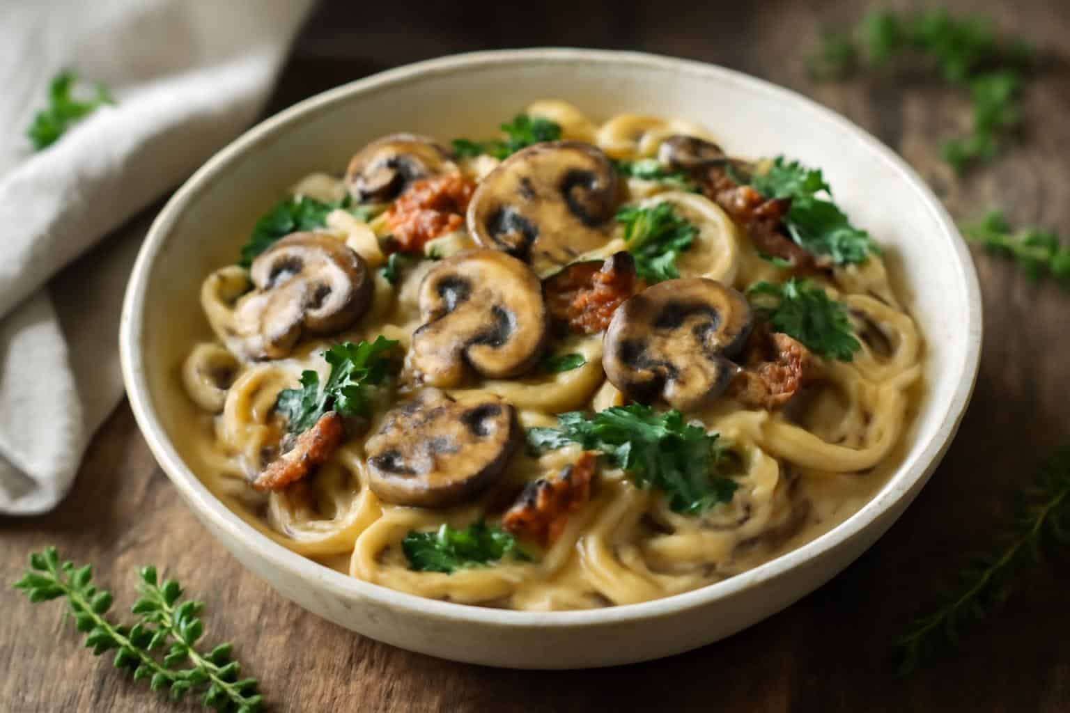 Creamy tuscan mushroom pasta served in a bowl with spinach and sun-dried tomatoes