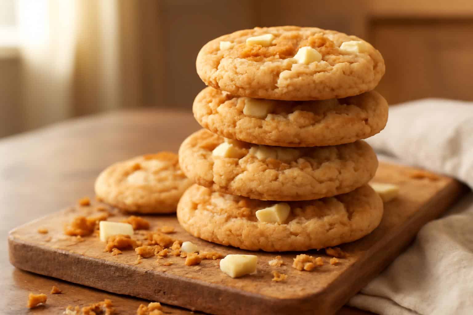 Freshly baked white chocolate biscoff cookies stacked with visible creamy white chocolate chunks and Biscoff crumbs