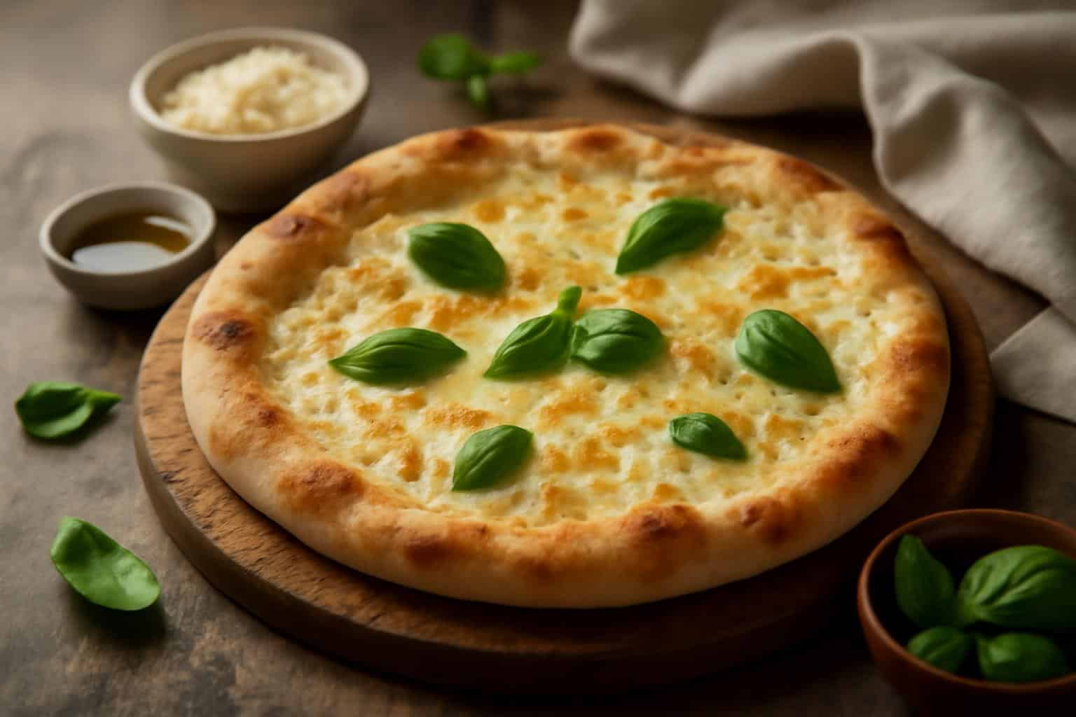 Freshly baked creamy white sauce pizza garnished with basil and melted cheese