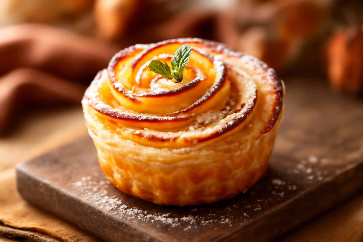 Golden crispy apple rose pastry blooms fresh out of the oven with powdered sugar and mint garnish