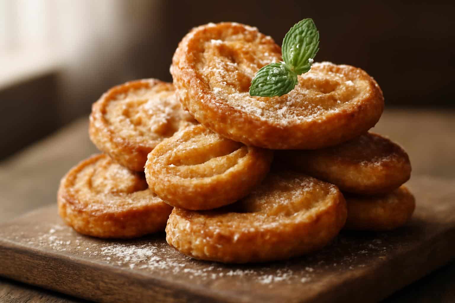 Golden crispy caramelized palmiers made with quick puff pastry on a rustic board