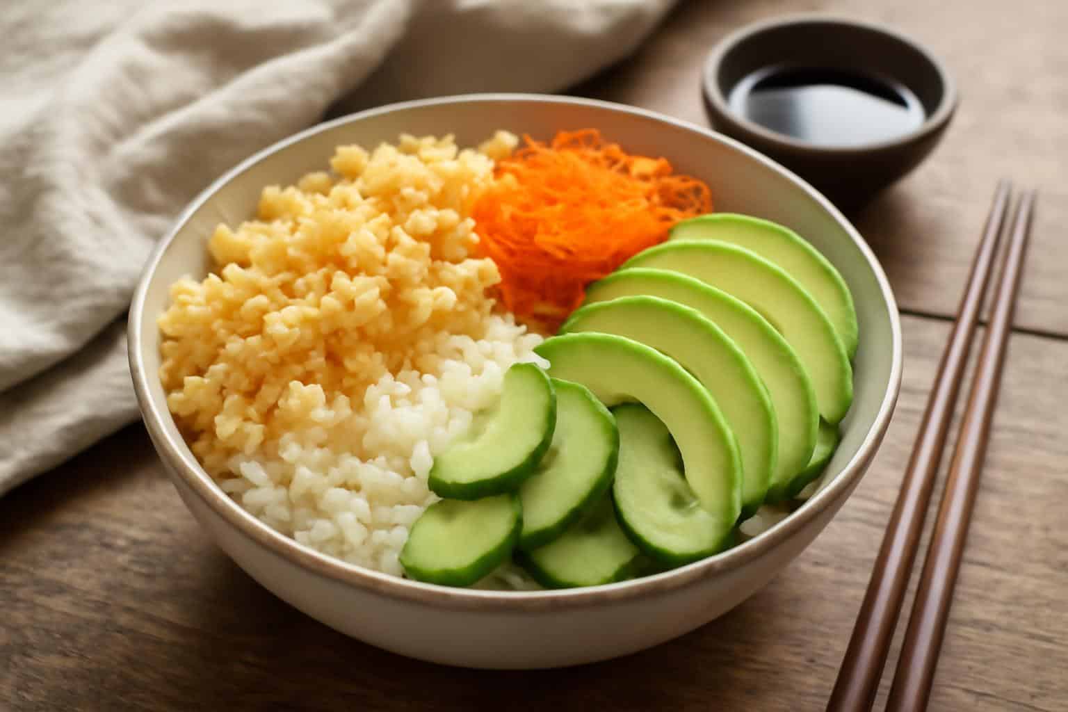 Crispy sushi bowl with avocado, tempura flakes, cucumber, and tobiko in a bowl