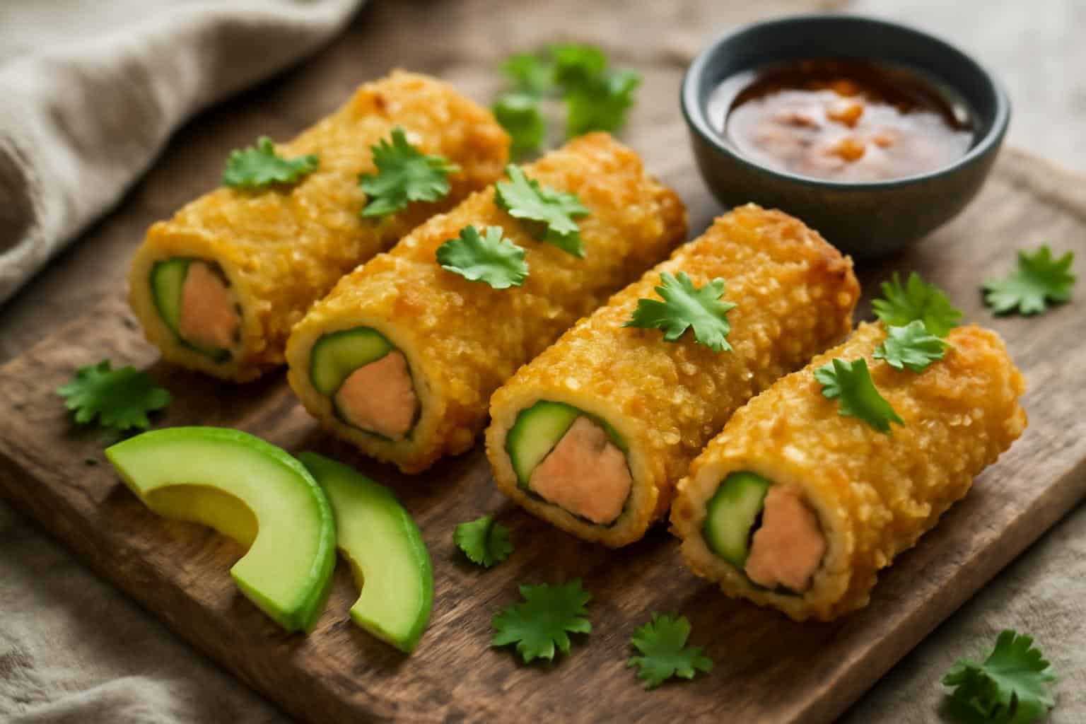 crispy fried salmon and avocado rolls plated with dipping sauce and fresh garnish