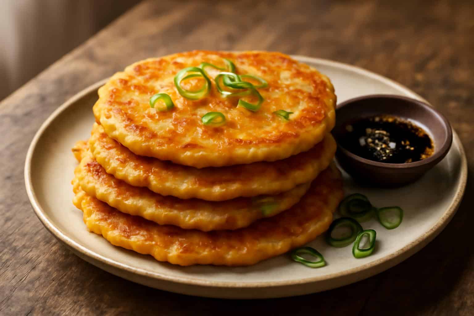 Golden crispy gamjajeon pancakes stacked with scallion garnish and soy dipping sauce, crispy gamjajeon pancakes