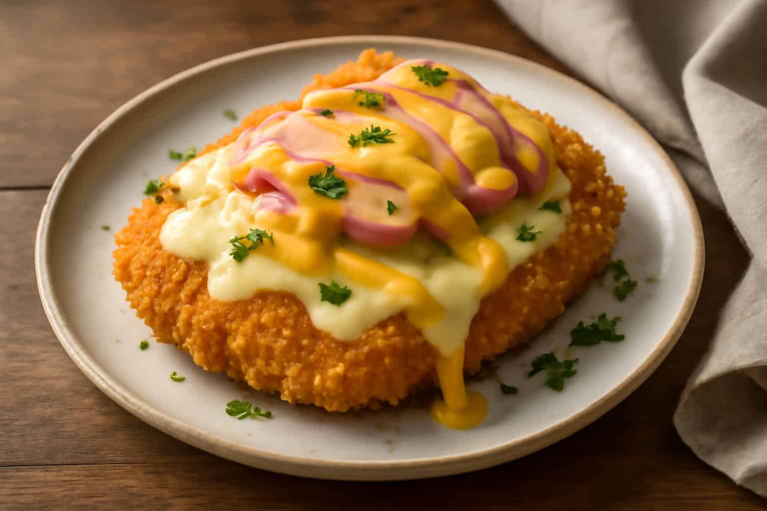 Crispy Malibu chicken topped with ham, Swiss cheese, and honey mustard sauce on a rustic plate
