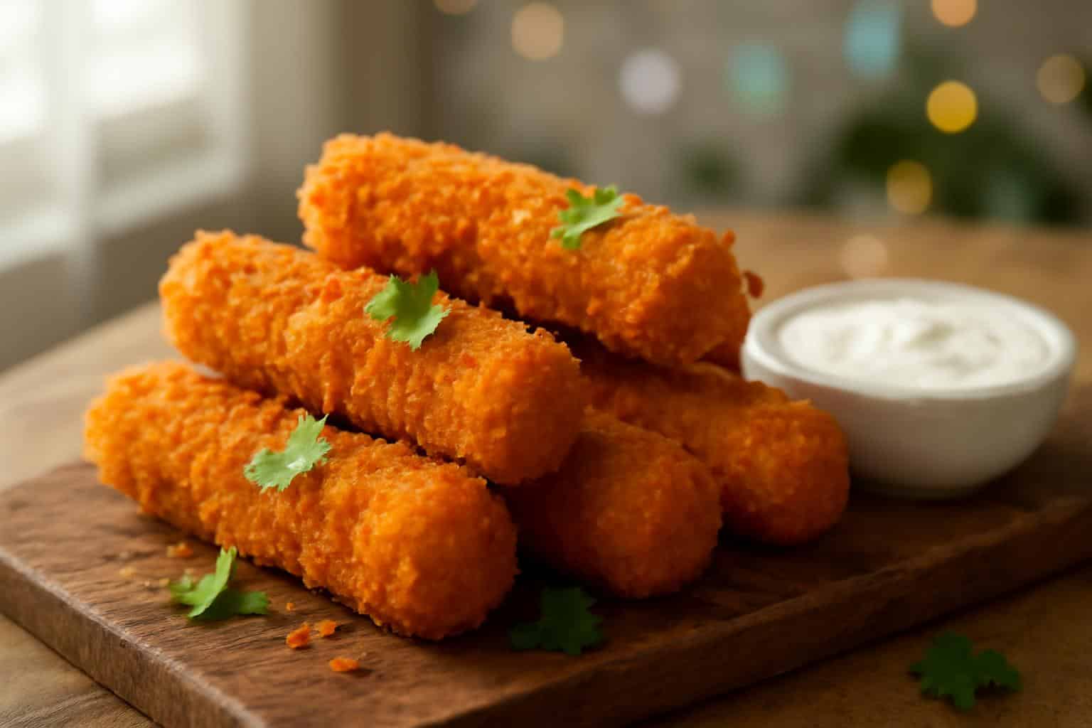 Golden crispy Nashville hot mozzarella sticks garnished with parsley and ranch dipping sauce