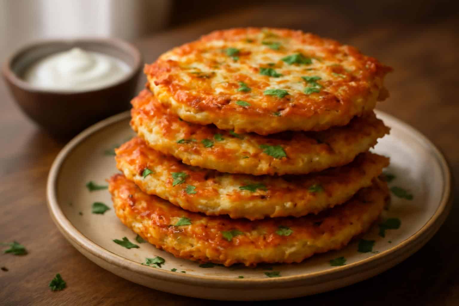 Golden crispy potato pancakes with herbs and cheese on a rustic plate