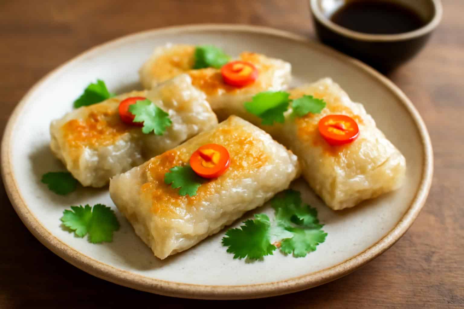 Golden crispy rice paper dumplings on a plate with dipping sauce and garnish